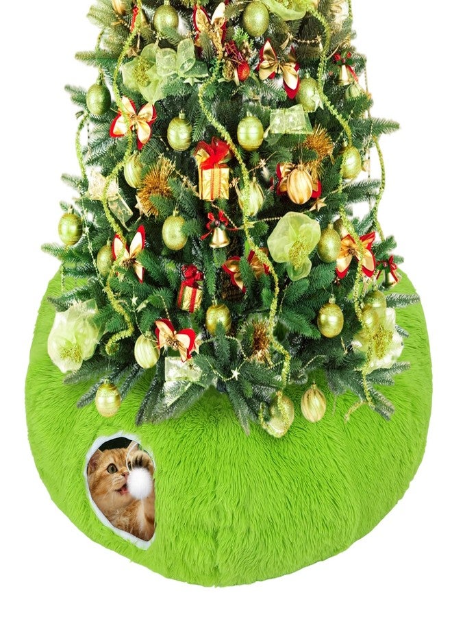 Beeplove Green Fluffy Cat Tunnel Christmas Tree Skirt - Cat Donut Bed, Christmas Tree Protector from Cats, Xmas Small Medium Large Cats Gifts Accessories - Image 1